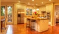 Large kitchen with recessed lighting, wood floors Royalty Free Stock Photo